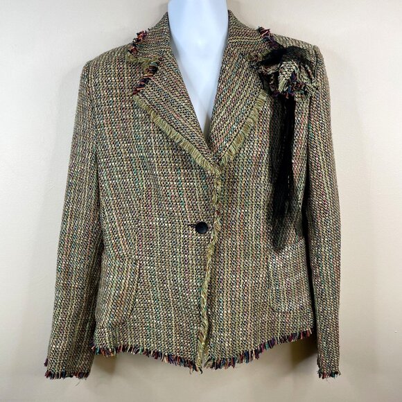 Vintage Womens Art To Wear Tweed Fringe Silk Blend Blazer XL Teal Coral Career - Picture 1 of 13